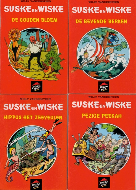 Suske en Wiske set van 4 - Pizzahut - 2003 - De bevende berken - De gouden bloem - Pezige Peekah - Hippus het zeeveulen